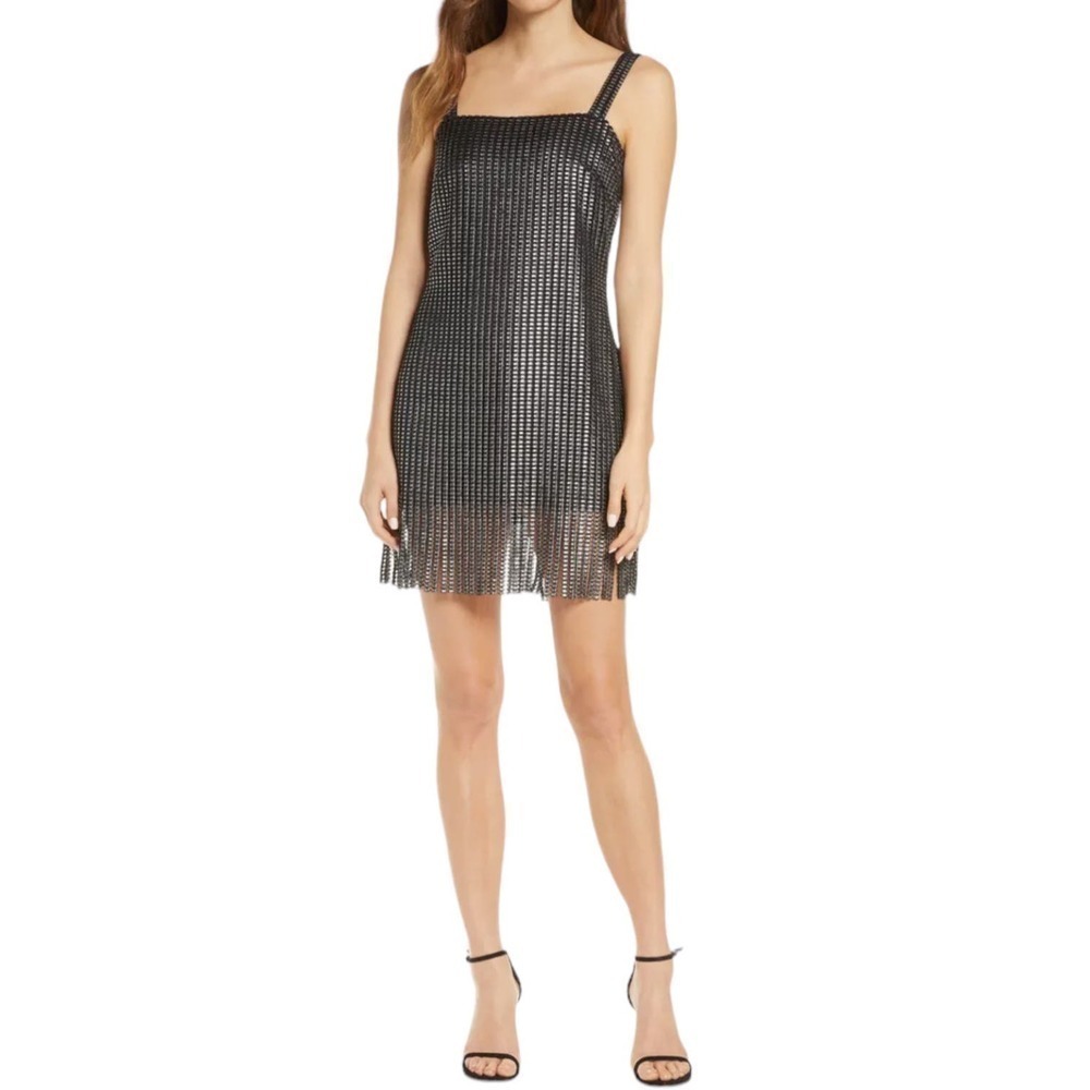 New Women’s Sho By Tadashi Shoji Metallic Textured Fringe Minidress Size 10